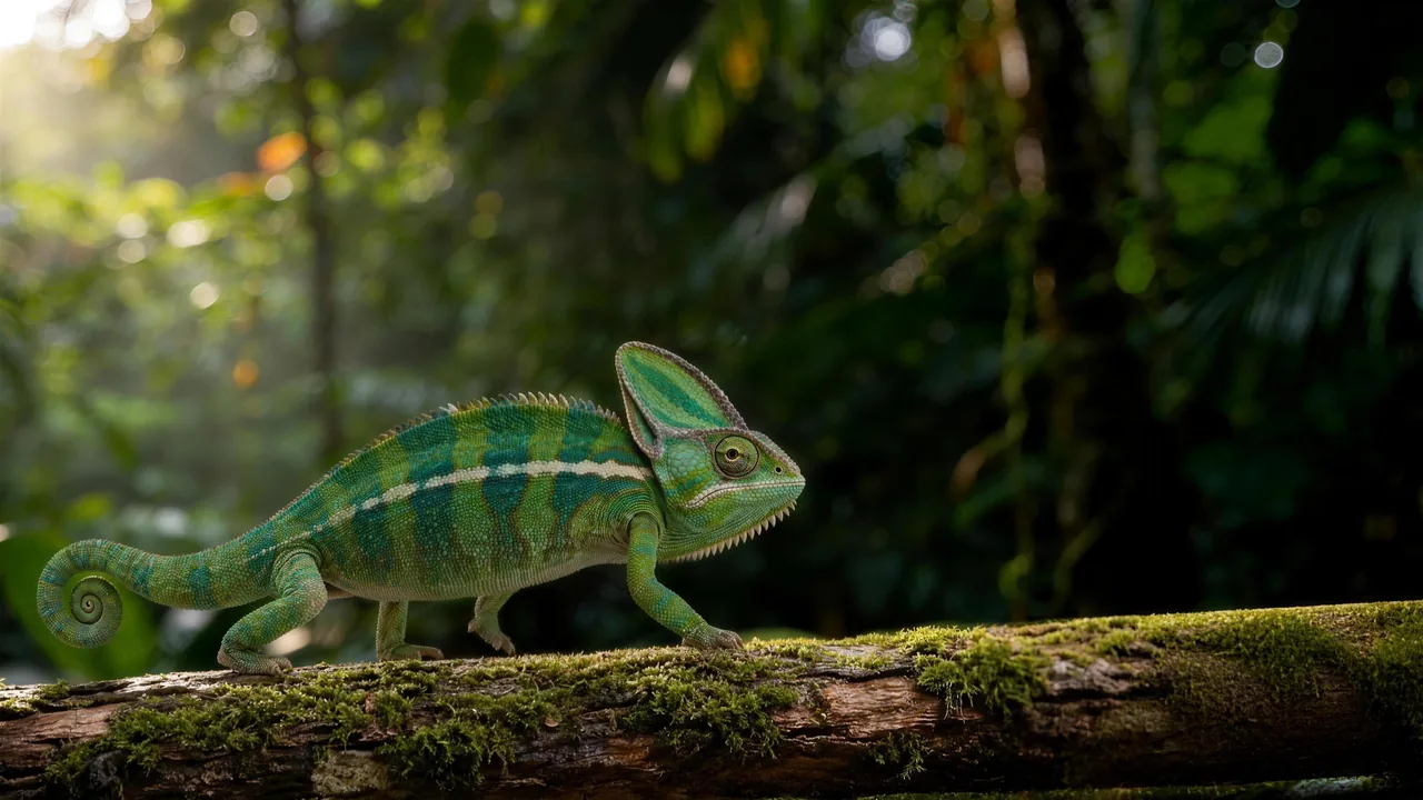 A green chameleon with turquoise bands on a mossy branch, in the jungle.